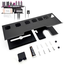 Doskona Airwrap Holder Storage Stand, Wall Mount Curling Iron holder, 3 in 1 Metal Bathroom Organizer Wall Mount for Curling Iron, Hair Dryer, Paper, Hair Tool Organizer for Bathroom Bedroom(Black)