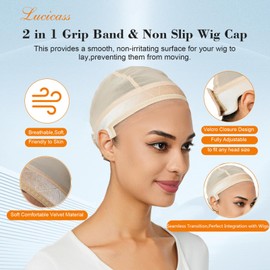 lucicass Wig Cap for Women,Wig Grip Cap for Keeping Wigs in Place,Non Slip Caps with Velvet Grip Band Make Your Wigs Be Glueless(Nude,L)