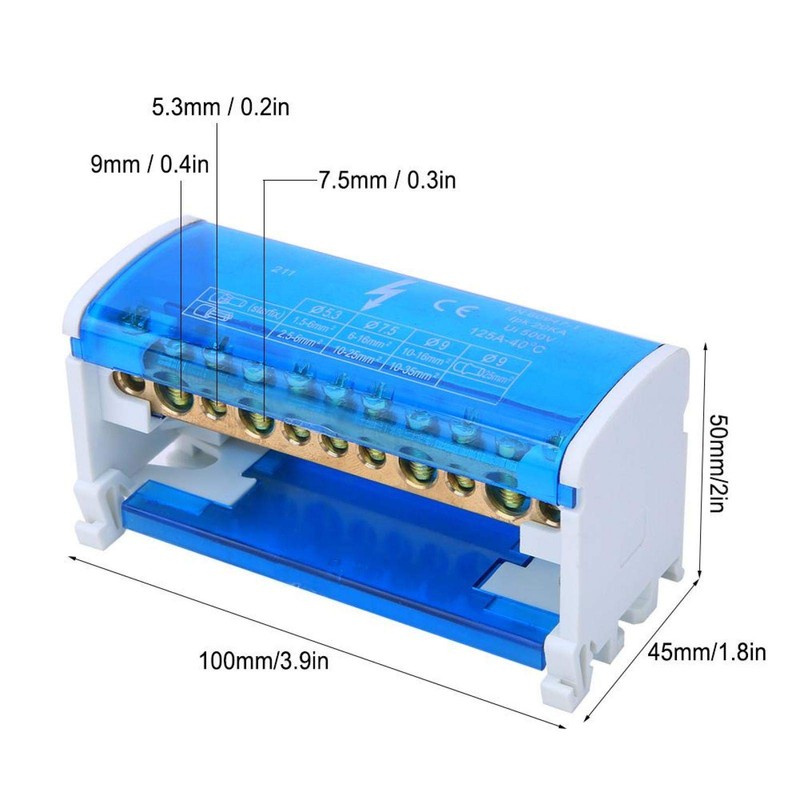 Terminal Distribution Box, Din Rail Mount 125A / 500V 2x11