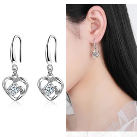 Earrings for Women, Silver Drop Dangle Earrings with Cubic Zirconia│Heart Dangly Hypoallergenic Earrings for Sensitive Ears│Jewellery Birthday Anniversary