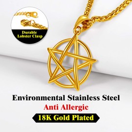 Richsteel Men's Pentacle of Protection Necklace, Gold/Black/Stainless Steel Pentagram Pendant with Adjustable Chain 55 + 5 cm, Lucky Charm Jewellery for Women Boy,