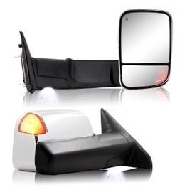 Towing Mirror for Dodge Ram - Compatible With 2009-2018 Dodge Ram 1500 2500 3500 Pickup Truck Power Adjusted Heated LED Turn Signal Light Puddle Lamp Temp Sensor (Chrome Back)