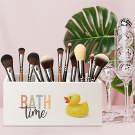 URLLUAE Cute Rubber Duck Wooden Toothbrush Holder Organizer, Gifts for Kids Women, Bath Time Rubber Duck Makeup Brush Holder for Vanity Bathroom Desk Accessories