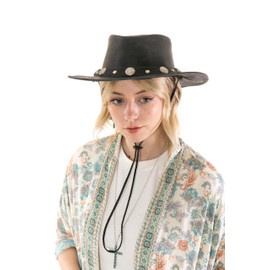 American Bison Buffalo Nickel Cowboy Hat – Genuine Cowhide Leather Hat with Chin Strap & Buffalo Nickel Band (US, Alpha, Small, Black)