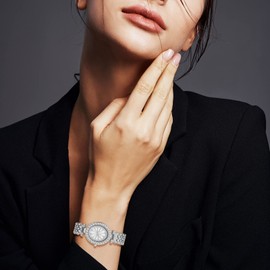 JewelryWe Watches for Women Iced Out Full Diamond Luxury Dress Watch Rhinestone Analog Oval Quartz Wrsitwatch