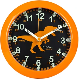 Kiddus Children's Wall Clock Analogue Time Teacher with Time Learning Exercises Silent Clock Many Languages Italiano Dino