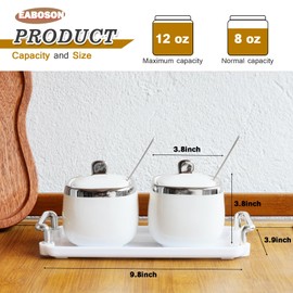 EABOSON Ceramic Sugar Bowl 2 Pack, Porcelain Seasoning Jar with Tray, Spoon and Lid for Sugar, Pepper, Coffee, Spice, Salt (silver)