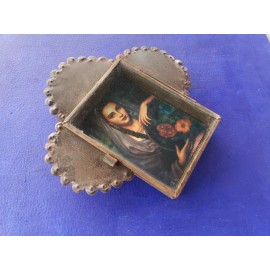 Rustic Mexican folk art tin nicho mexican lady Michoacan Michoacana with batea