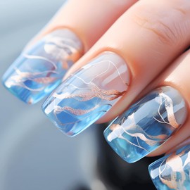 COLORBIRD Nail Tips, Short, 24 Pieces, Blue, Nail Tips, Short, Cute, Square (W1272)