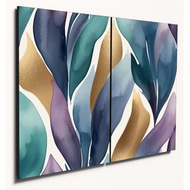 The Plum Penguin Abstract Ogee Watercolor Wood Wall Art, A4 MDF Pair, Blue Teal Purple with Gold Splashes Canvas Alternative 40 x 30cm