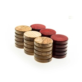 Luxury Manopoulos Olive Wood 36mm Backgammon Checkers - Red and Natural Wood - Premium Set Handmade in Greece by Experts