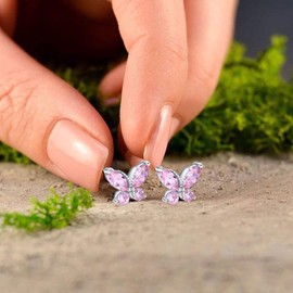 TANGPOET Butterfly Stud Earrings 925 Sterling Silver Hypoallergenic Kids Earrings, Cute Pink Butterfly Earrings, Valentines Day Birthday Gifts for Girls Daughter Kids