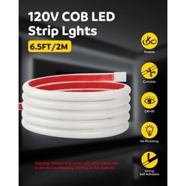 Aclorol 110V COB LED Strip Lights Outdoor Waterproof 6.56ft/2M Daylight White 6000K CRI90+ Flexible and Unifrom LED Light Strip for Bedroom Office Desk Indoor Outdoor Decoration 288LEDs/M IP67