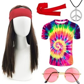GLEEMEN 70s Costumes Men Women 6 Pieces Hippie T-Shirt Wig Glasses Peace Necklace Headband, 70s Clothing Carnival Fancy Dress, multicoloured