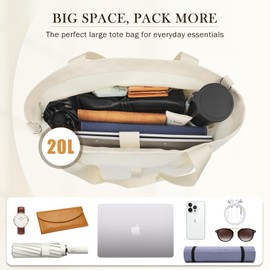 Vinabilia Tote Bag for Women, Lightweight Foldable Tote Bag With Zipper Shoulder Bag Large Top Handle Handbag for Travel, Work, Gym, Beige