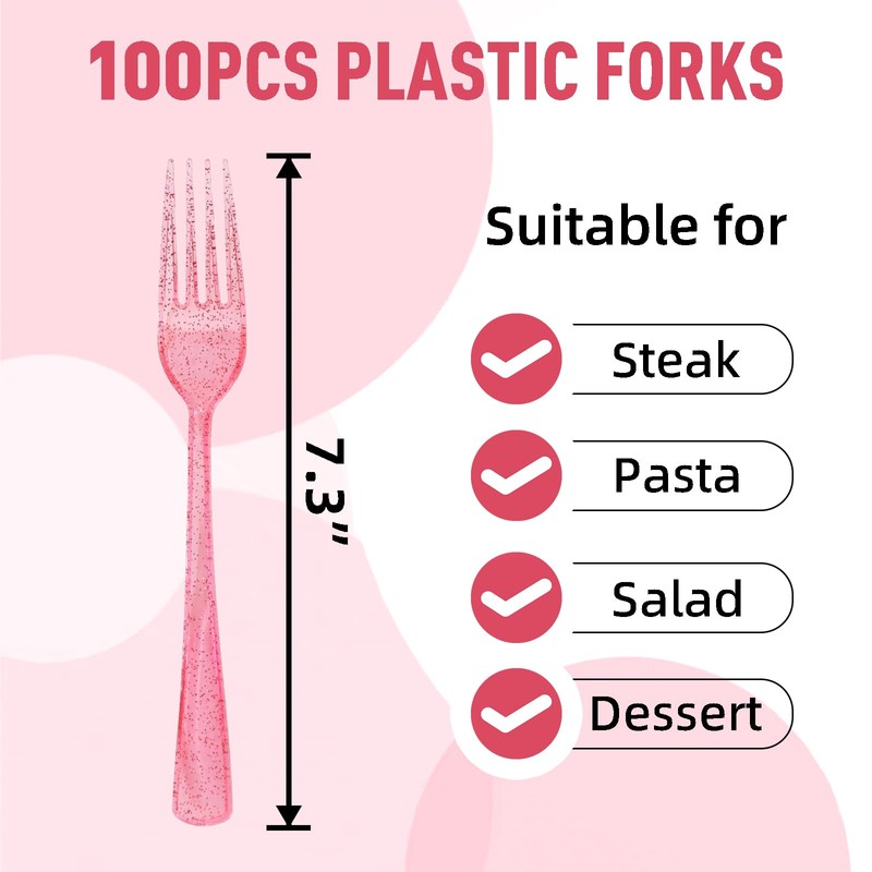 100 Pcs Pink Plastic Forks, Pink Plastic Silverware, Heavy Duty