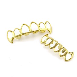 OOCC 18k Gold Plated Hollow Grills Hip Hop Teeth Fangs Grillz Caps Top and Bottom Set for Your Teeth