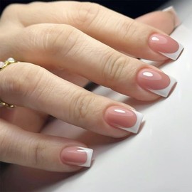 White French Tip Press on Nails Short Square Fake Nails with Designs Daily Wear False Nails Press ons Daily Full Cover Glue on Nails Glossy Nude Acrylic Stick on Nail for Women Manicure 24Pcs