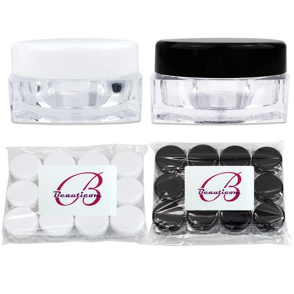Beauticom 5G/5ML 24 Pieces Clear Square Container Jars With White and Black Lids (12 Pcs Each Color) for Powdered Eyeshadow, Mineralized Makeup, Cosmetic Samples - BPA Free