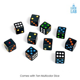 Luck Lab 10 Piece D6 Multicolor Pip Dice Pack - Acrylic 16mm Square Edge Standard Dice for RPG MTG DND Dice Table Games and Board Games, Storage Bag Included (Black Multicolor)