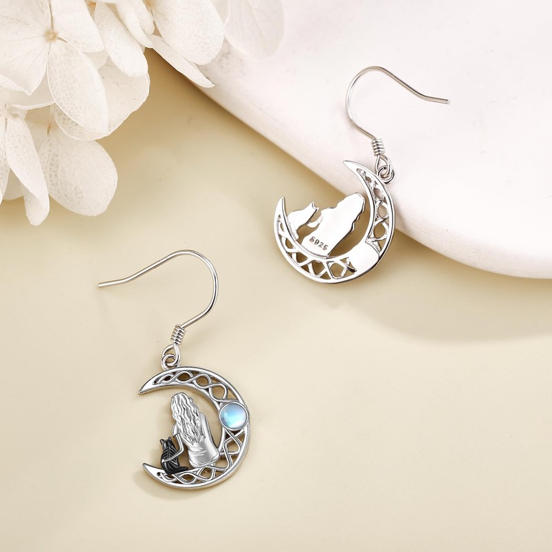 DAYLINLOVE Cat Earrings 925 Sterling Silver Black Cat Dangle Drop