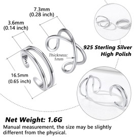 Silvora 2Pcs 925 Sterling Silver Toe Rings for Woman Hypoallergenic Adjustable Band Thin Ring Minimalist Jewellery for Birthday