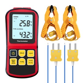 JuviPerpric Thermocouple Thermometer Digital K Type Thermometer,Dual Channel Thermocouple Tester(-238~3212℉) with 2 Temperature Clamp 2 Wired Thermocouple Probes High Accuracy Temperature Tester