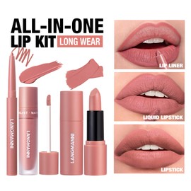 3 Pieces Matte Liquid Lipstick Lip Liner Set - All-In-One Lip Kit, Velvety Nude Lip Gloss & Lipstick & Lip Liner, Waterproof Make Up Lip Set (Colour, # 06)
