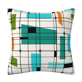 Geometric Pillow Cover Farmhouse Decorative Throw Pillow Case Indoor Outdoor Cushion Cover Teal Turquoise Orange Retro Grid Starbursts Linen Pillowcase for Couch Living Room 18 x 18 Inch Set of 4