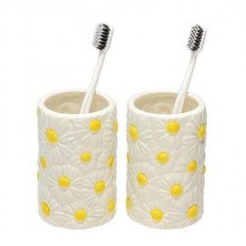 Gaolinci 2 Pcs Ceramic Mouthwash Cup, Daisy Embossed Toothbrush Holder, 10 Oz Bathroom Tumblers