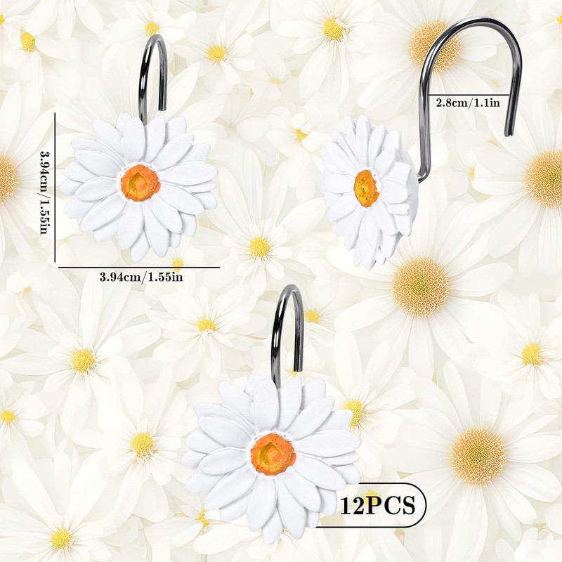 Whaline 12Pcs Spring Shower Curtain Hooks White Daisy Flower Curtain