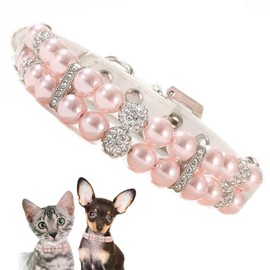 Pink Pearl Collar for Small Dogs, Fancy Crystal Bling Pearl Cat Collar Rhinestone Luxury Beaded Puppy Necklace Diamond Girl Pet Jewelry for XXS XS Small Medium Female Dogs Kitten, M