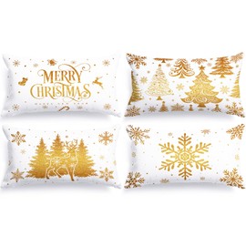 Lanpn 12x20 Gold Christmas Lumbar Pillow Covers Set of 4, Christmas Decorations Pillowcase, Winter Decorative Pillow Case, Merry Christmas Tree Cushion for Indoor Home Bedroom Sofa Xmas Couch Decor