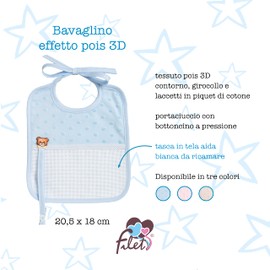 Filet - Made from soft fabric in 3D look with dummy strap and bag made of Aida fabric, ideal for newborns, 100% made in Italy, colour: light blue and white