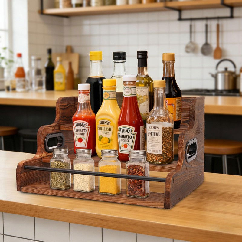 Fengligoo 3-Tier Wood Bottle Display Shelf, Modern Liquor Bottle Rack