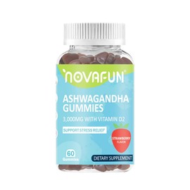Novafun Ashwagandha Gummies with Vitamin D2, 3000mg Ashwagandha for Stress Relief and Immune Support, Vegetarian & Gluten-Free, Strawberry Flavor, 60 Count