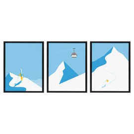 Kate and Laurel Sylvie Downhill Skier Framed Canvas Wall Art by Rocket Jack, Set Of 3, 18x24 Black, Cool Winter Decor