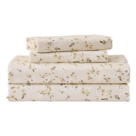 Gogreen 100% Cotton Sheet Set King Size, Khaki Floral, 4PC Set, Breathable Bed Sheet for Hot Sleeper and Night Sweats, Deep Pocket Up to 16 Inches