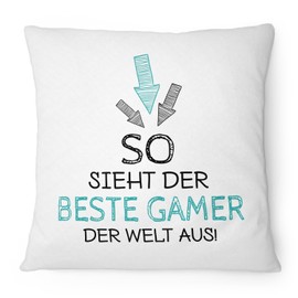 Fashionalarm Cushion "So sieht der beste Gamer der Weltaus" 40 x 40 cm with Filling Gift Idea Gamer Computer Player Gaming Online Game PC, Colour: White