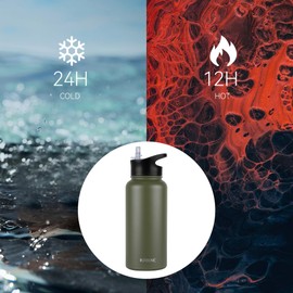 MURBONE Stainless Steel Drinking Bottle 1 Litre (+ 2 Lids) with Straw, BPA-Free, Leak-Proof, Suitable for Carbonated Drinks, Thermos Flask, Vacuum Double Wall Insulation for Sports, Travel, Camping