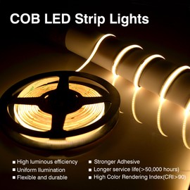 Pandery COB LED Strip,LED Strip Lights 5M/16.4ft,Touch Dimmable LED Strips,CRI90+,3000K Warm White cob led,1600LEDs,24V LED Tape Lights,Indoor for Bedroom, Kitchen, TV, Mirror,Cabinet