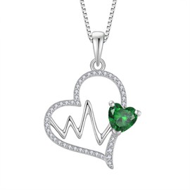 Wisbal Heart-Shaped Pendant 925 Sterling Silver Lifeline Pulse Heartbeat Open Heart Charm Pendant Created Emerald Pendant Necklace