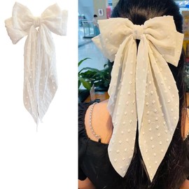 White Large Hair Bow Clips for Girls Women Bowknot Hair Clip Ribbon Big Hair Bows Clips for Girls Women Hair Bowknot Long Tails Barrettes Hair Ribbons Bow Hair Accessories