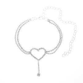 Pingyongchang - Pulseras de tobillo con diamantes de imitación de corazón para mujer, tobilleras ajustables plateadas brillantes y plateadas, elásticos, con circonitas cúbicas y diamantes, Diamante de imitación, Sin gemas.