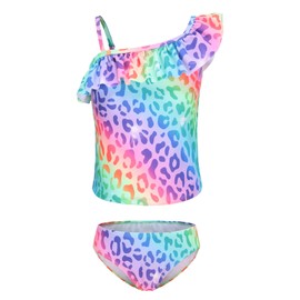 Aisyee Little Girls Two Piece Swimsuits Tankini Mermaid Bathing Suit Kids Hawaiian Swimwear Set Rainbow Leopard Size 7