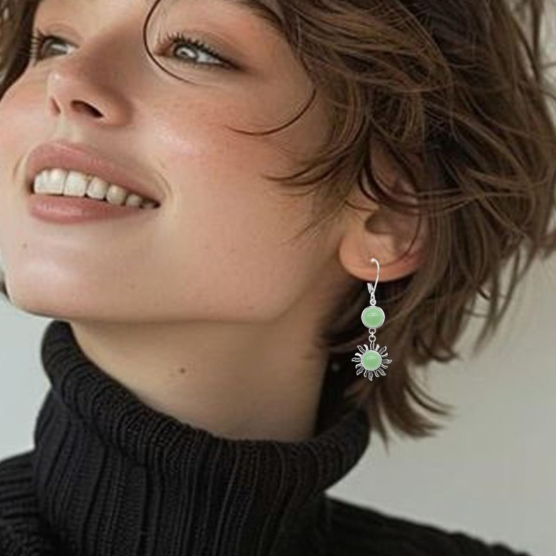 Natural Green Dongling Jade Stone Sun Dangle Earrings,Silver Round Oval