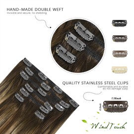 WindTouch Clip In Hair Extensions Human Hair Balayage Chocolate Brown To Dark Blonde Ombre Highlights for Brown Hair 18Inch 70g #4T27P4 7PCS