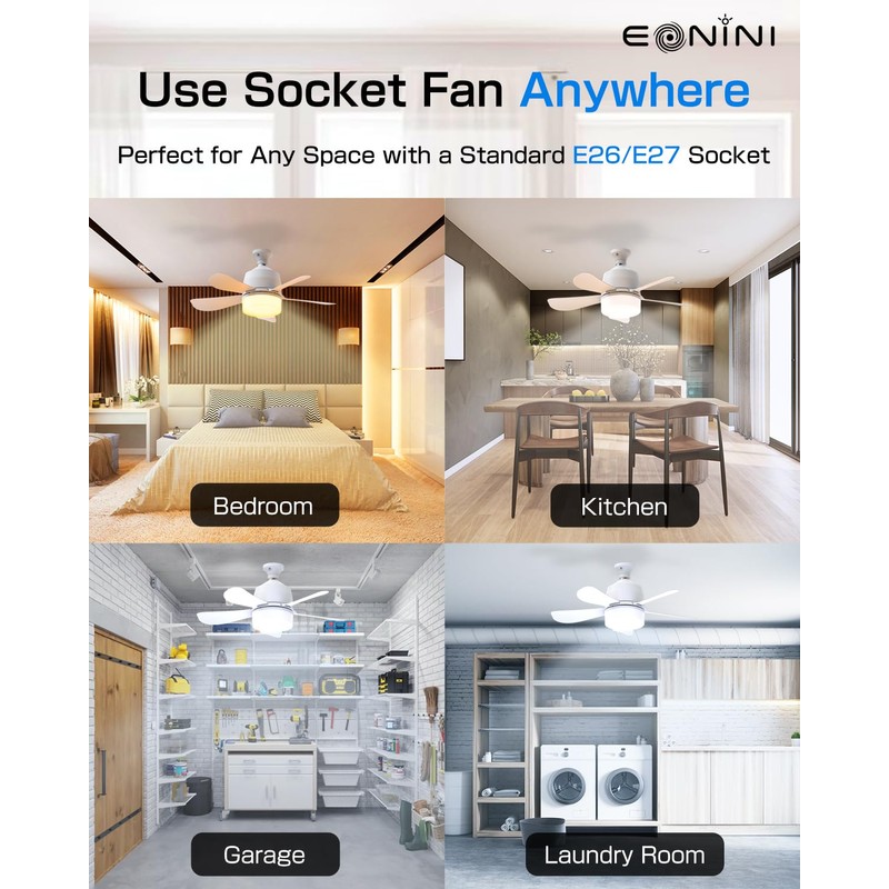 Eonini 2-in-1 Socket Fan Light with Remote, Small Ceiling Fans