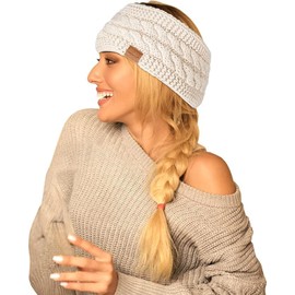 Hatromm Winter Headbands for Women Wool 2 Pack, Ear Warmers for Women Headband Knit Thick Fleece Lined, Cold Weather Warm Ear Muffs(Black+White)