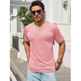 Makkrom Mens Henley Shirts Short Sleeve Casual Summer Basic T Shirts Button Vintage Lightweight Tee Tops Pink
